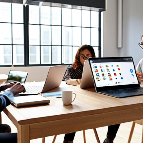 Home 14 A diverse team collaborating on a project in a modern, light-filled workspace, using laptops and tablets, with Slack and Notion interfaces subtly visible on their screens.