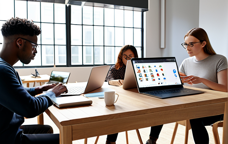 A diverse team collaborating on a project in a modern, light-filled workspace, using laptops and tablets, with Slack and Notion interfaces subtly visible on their screens.