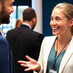 **A bright, friendly person initiating a conversation at a networking event, highlighting active listening and a positive first impression.**