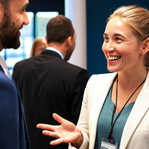 Home 7 **A bright, friendly person initiating a conversation at a networking event, highlighting active listening and a positive first impression.**