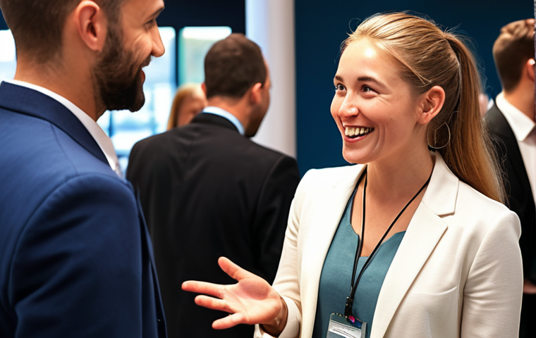 **A bright, friendly person initiating a conversation at a networking event, highlighting active listening and a positive first impression.**